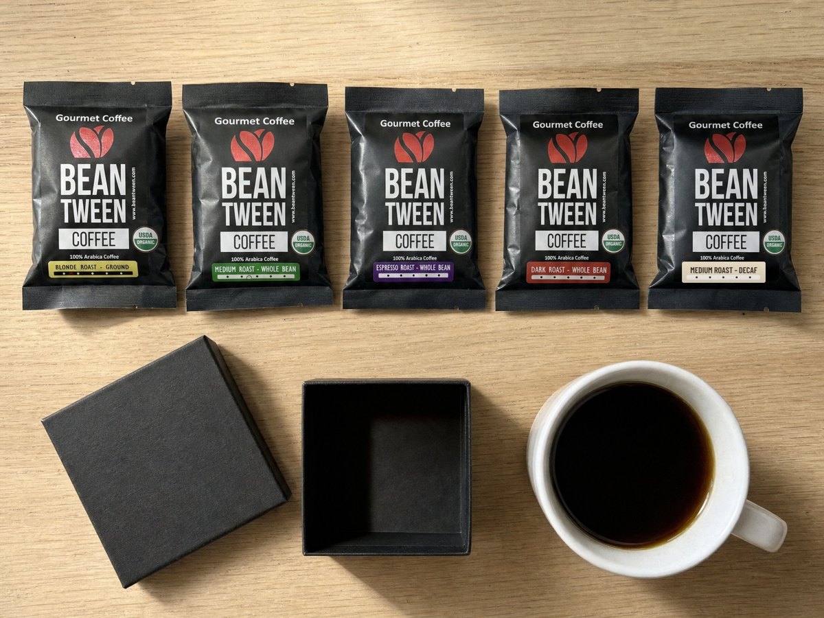 The Find Your Roast Box: five sample bags of Beantween coffee, the box and a cup of coffee